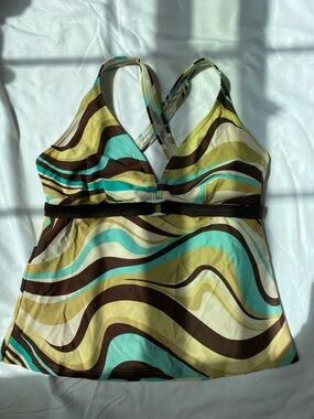 Vintage Aqua Couture Swirl Tankini Swim Top in Turquoise, Olive & Brown